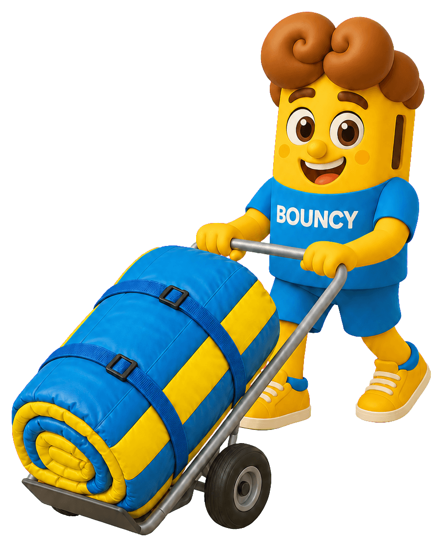 Bouncy moving a blue and yellow inflatable rental on a hand truck